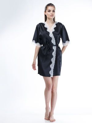 Женский атласный халат, черный, модель 201