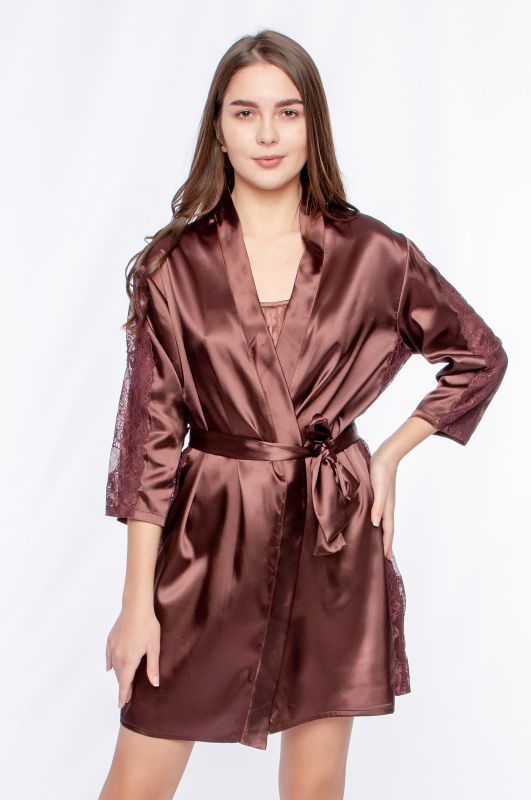 Женский атласный халат, коричневый, модель 221