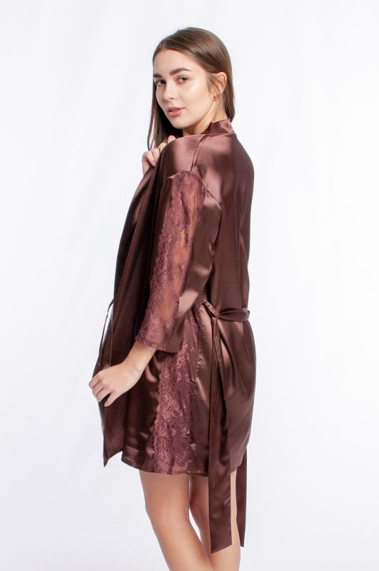Женский атласный халат, коричневый, модель 221