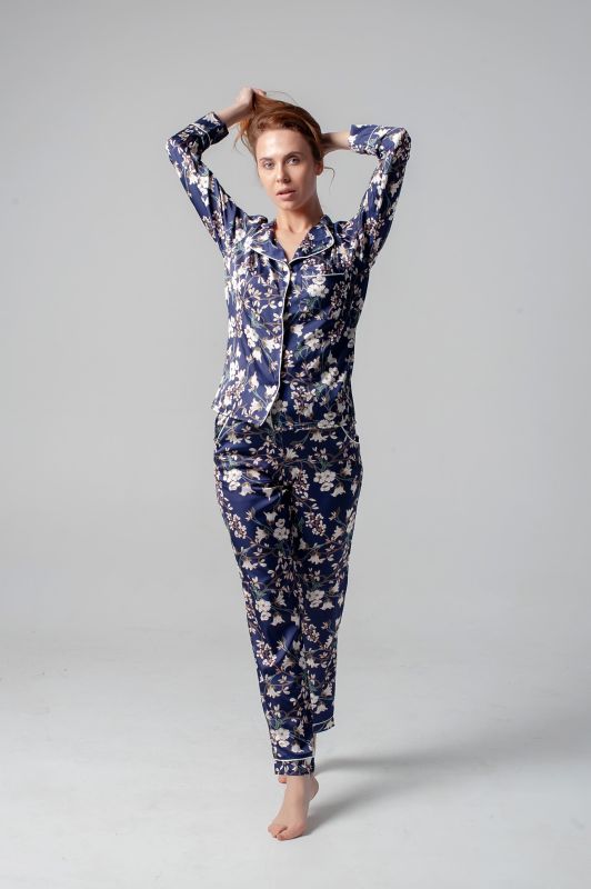 Женская пижама с брюками, шелк Армани, цвет синий принт, Serenade, модель 1604