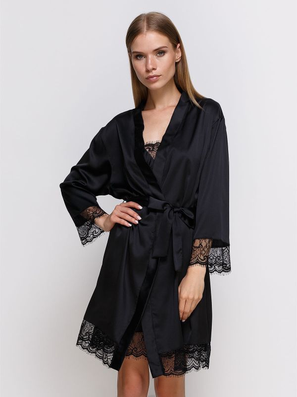 Халат жіночий шовковий, чорний, Serenade, модель 701