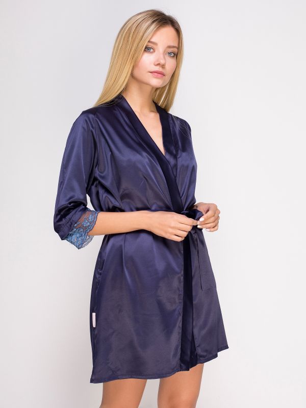 Женский халат, сатин шелк, синий, Serenade, модель 761