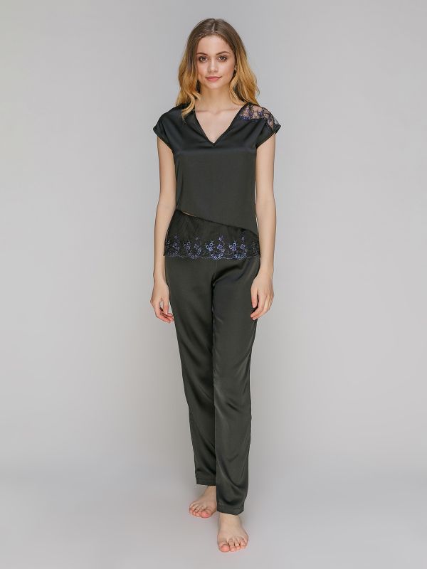 Женская пижама с брюками, шелк Армани, черный, Serenade, модель 934