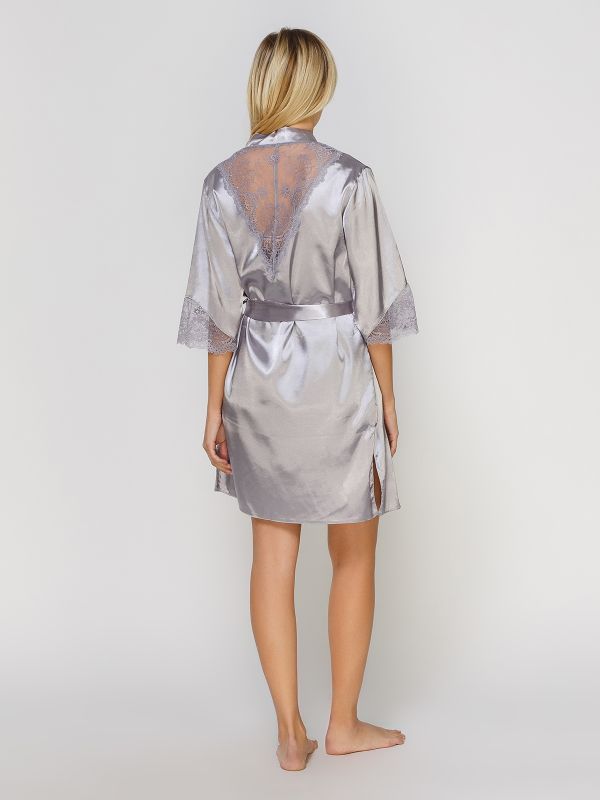 Женский атласный халат, светло-серый, модель 364