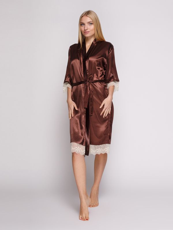 Женский халат со стрейчом атласа, коричневый, батал, Serenade, модель 1051