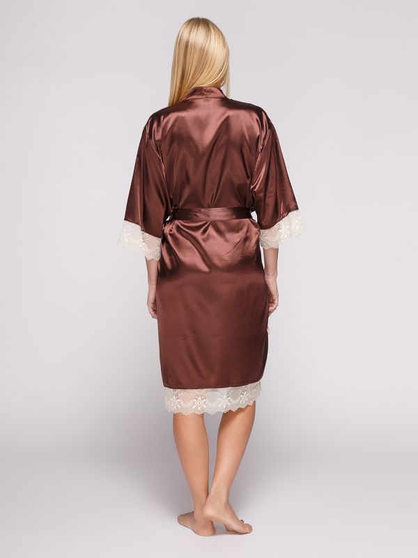 Женский халат со стрейчом атласа, коричневый, батал, Serenade, модель 1051