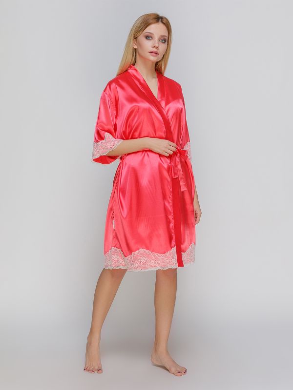 Женский халат со стрейчом атласа, коралловый, батал, Serenade, модель 1301