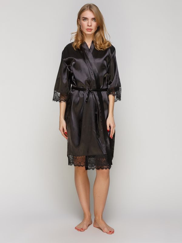 Жіночий халат з шовку Армані,  чорний, батал, Serenade, модель 1401