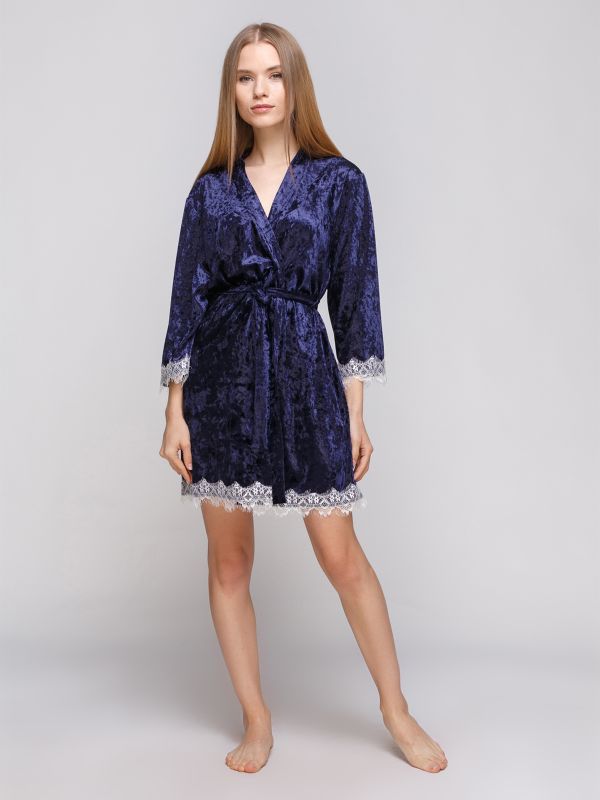 Женский халат, велюр, синий с шампанским, Serenade, модель 5001