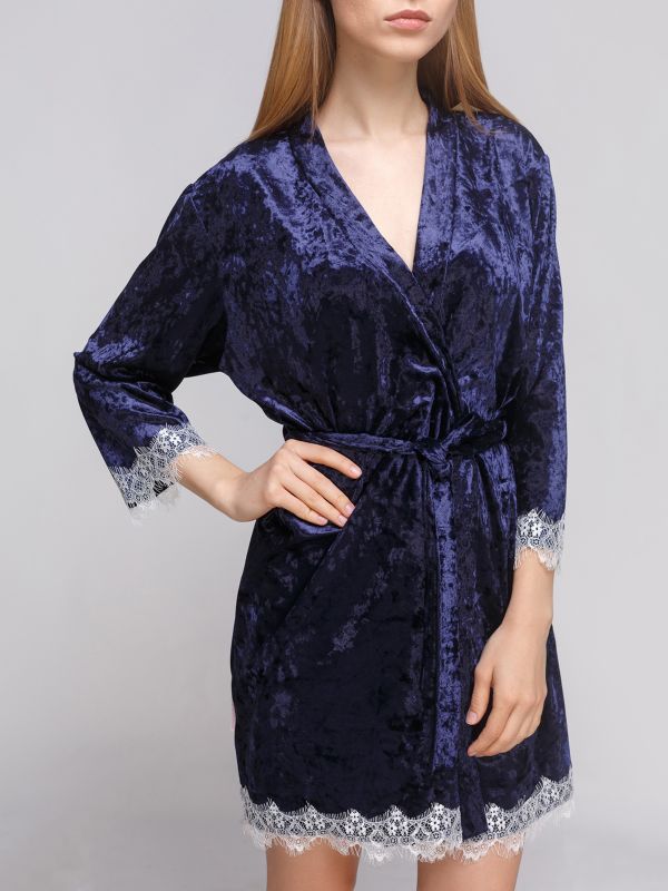Женский халат, велюр, синий с шампанским, Serenade, модель 5001