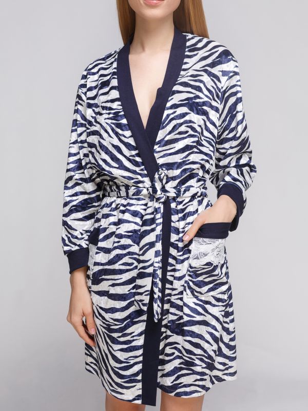 Женский халат, велюр, темно синий принт зебра, Serenade, модель 8004H