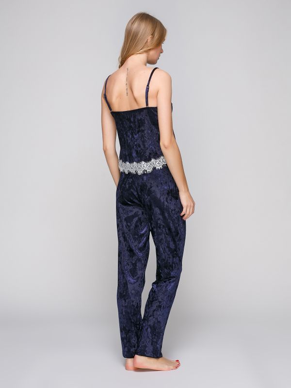 Женская пижама с брюками, велюр, синий с шампанским, Serenade, модель 5004