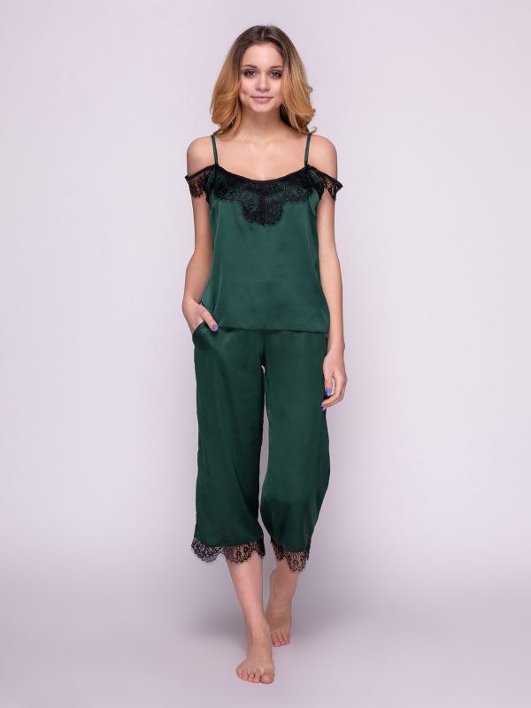 Жіноча піжама зі штанами, шовк Армані, зелений, Serenade, модель 507