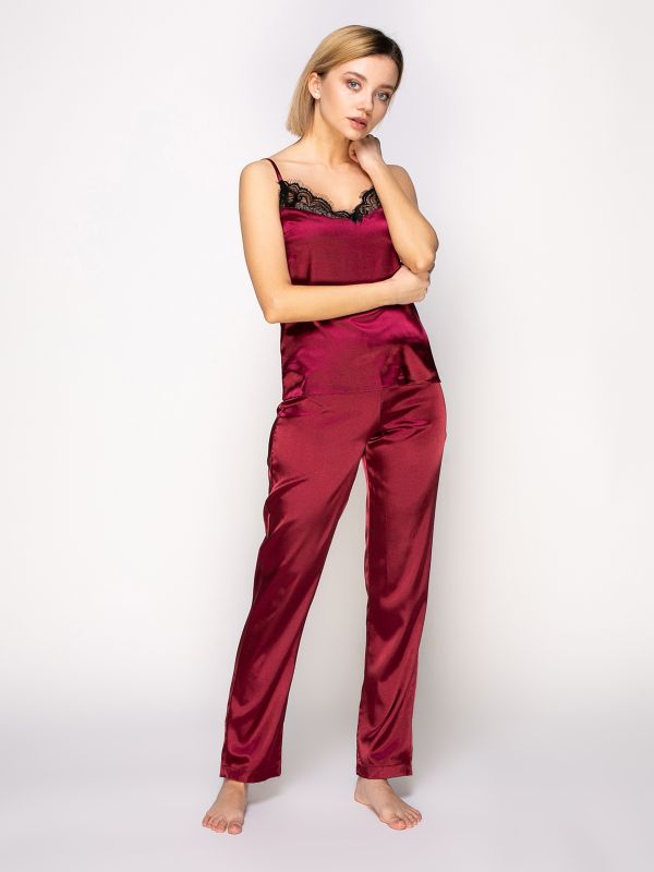 Женская пижама с брюками. шелк Армани, марсала, Serenade, модель 614