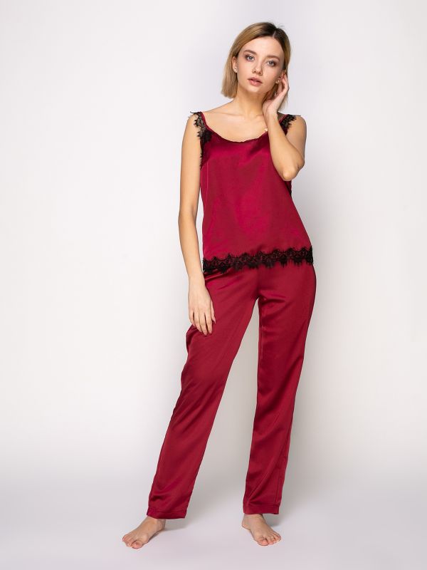 Жіноча піжама зі штанами, шовк Армані, бордовий, Serenade, модель 807