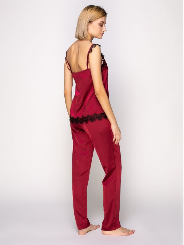Женская пижама с брюками, шелк Армани, бордовый, Serenade, модель 807
