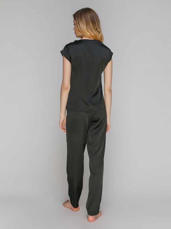 Жіноча піжама зі штанами, шовк Армані, чорний, Serenade, модель 934